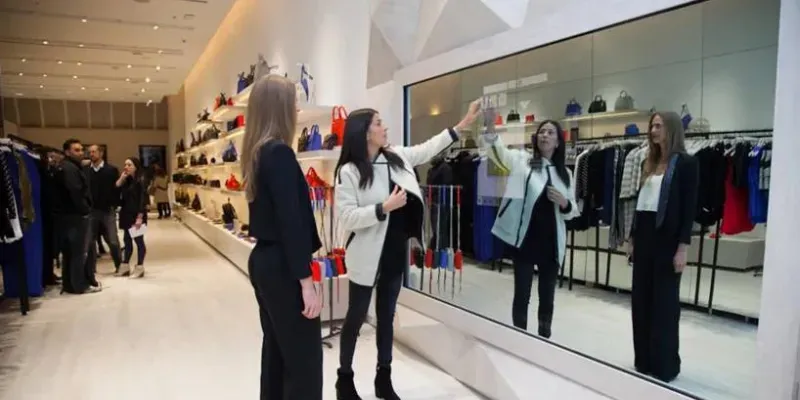 The future of shopping with woman touching a touch screen mirror